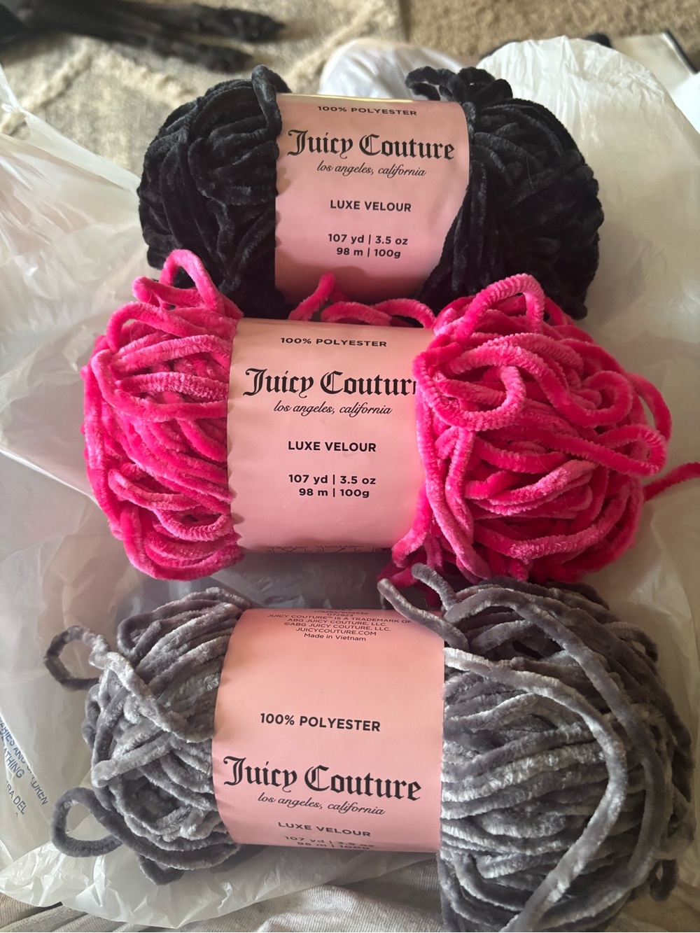 Juicy Couture Luxe Velour Yarn Trio - Black, Hot Pink, Gray
